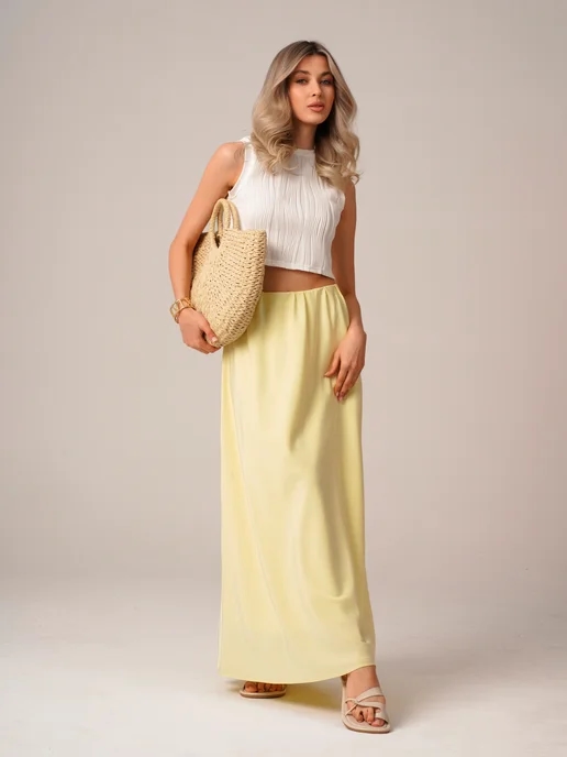 Юбка миди из атласа цвета пахты и желтого цвета Размер L
