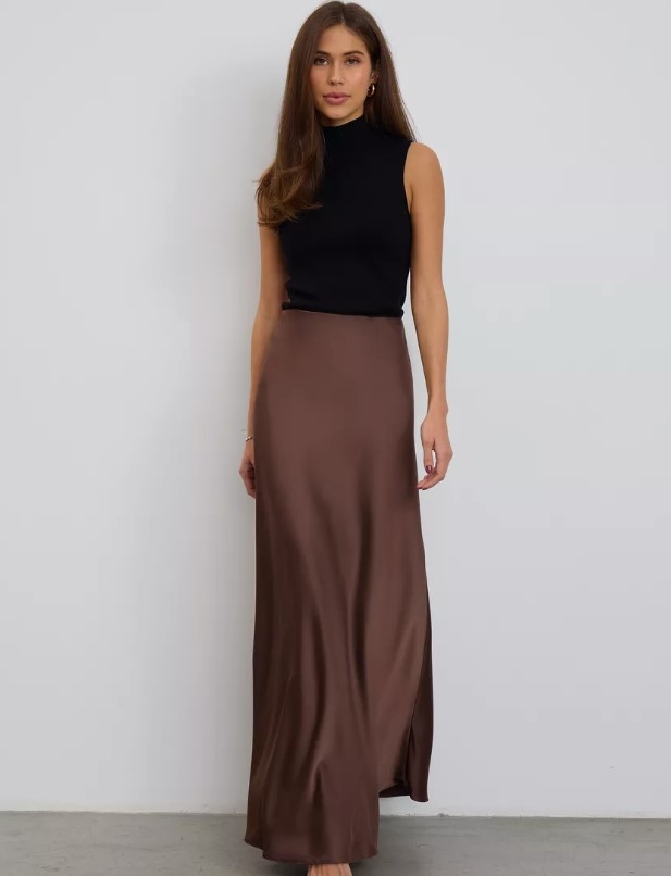 Юбка миди из атласа шоколадно-коричневого цвета Размер XL