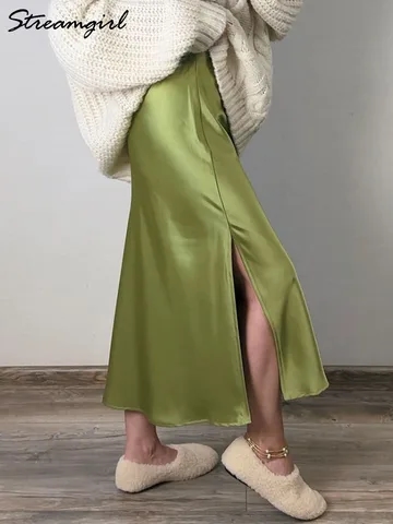 Зеленая атласная юбка-миди Размер XL